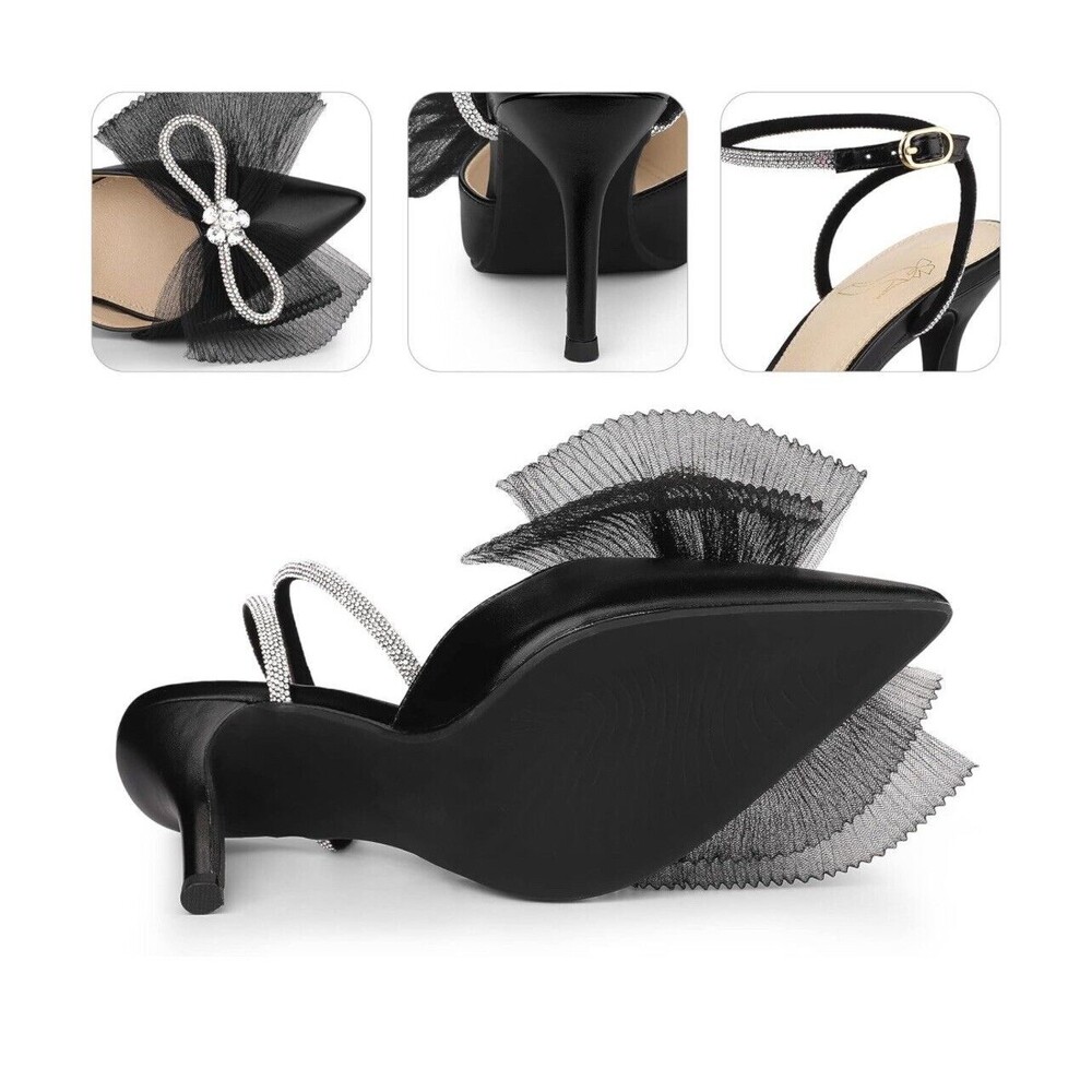 Perphy Women’s Rhinestone Mesh Bow Slingback Stiletto Heel Pumps - Black - 8 - Picture 3 of 8